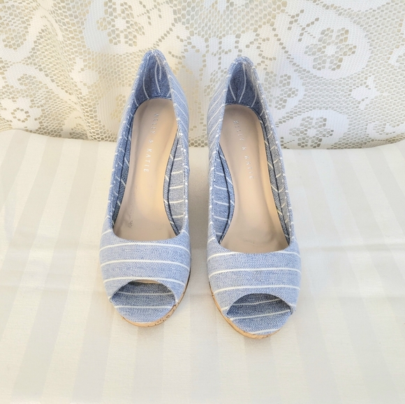 Kelly & Katie Shoes - Kelly & Katie  Blue & White Open Toe Wedges